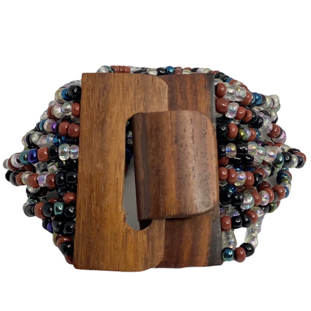Multi Seed Bead Layered Necklace Wooden Buckle Stretchy Bracelet